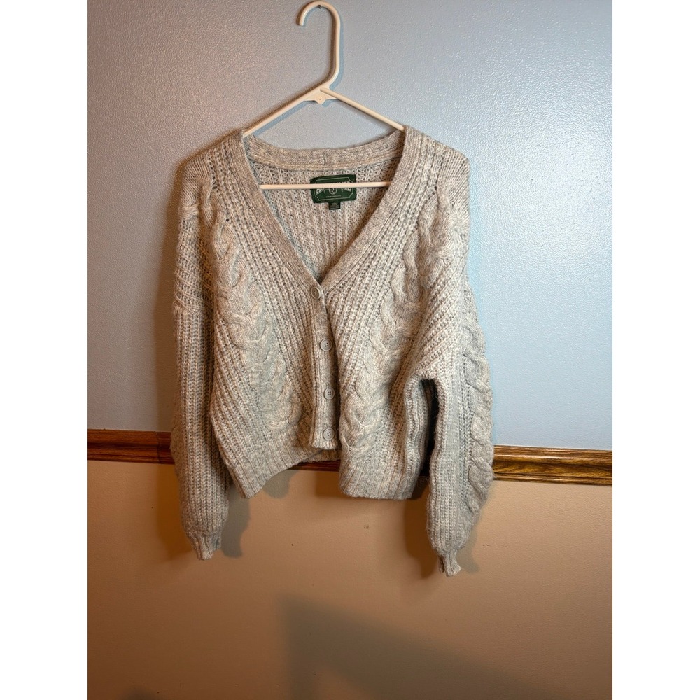 American Eagle Cropped Cable Knit Button-Front Cardigan - Grey / Cream Small
